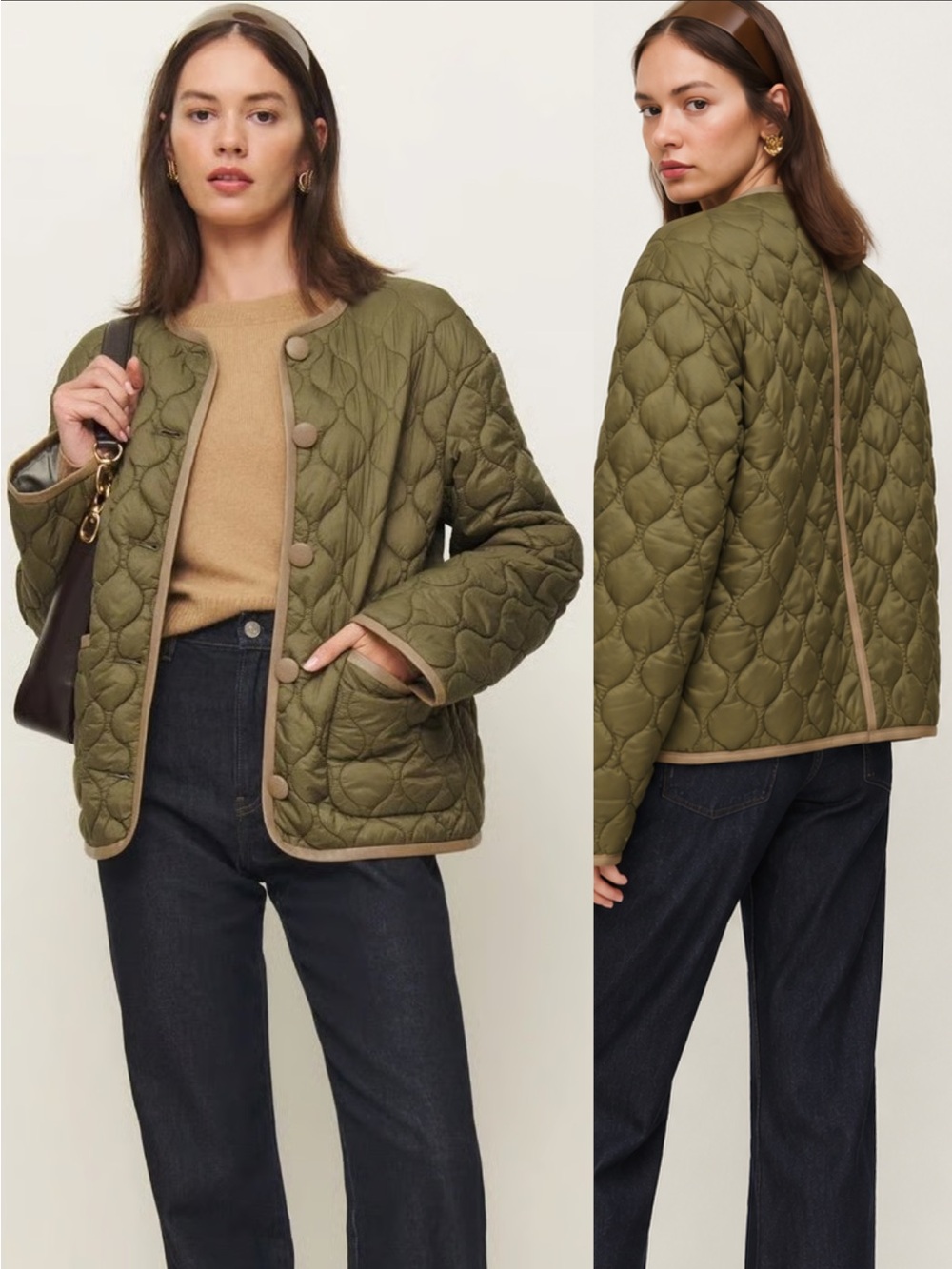 NEW Reformation Cassidy Quilted Jacket Olive Green Faux Leather Trim Size M